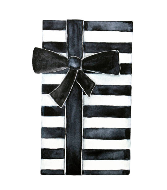ilustrações de stock, clip art, desenhos animados e ícones de striped, black and white gift box with black satin ribbon. - gift box packaging drawing illustration and painting