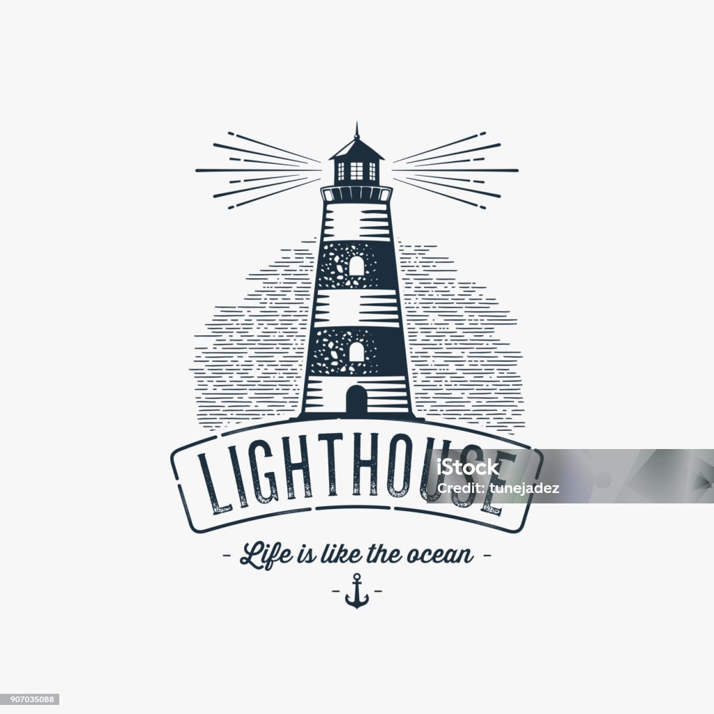 Lighthouse blue gray Lighthouse Design Element in Vintage Style for Emblem or Badge Retro vector illustration. Vector illustration. Lighthouse stock vector