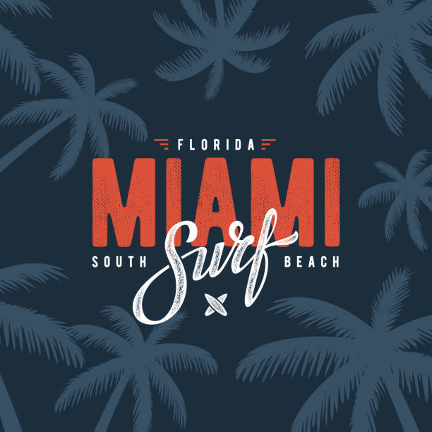 майами серфинг синий - text surfing surf palm tree stock illustrations