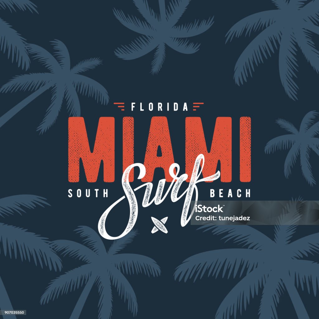 Miami surf blue Miami beach Florida tee print with palm tree. T-shirt design, graphics, stamp, label, typography. Miami Beach stock vector