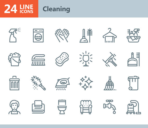 ilustraciones, imágenes clip art, dibujos animados e iconos de stock de limpieza - iconos de vector de línea - dust dusting cleaning broom