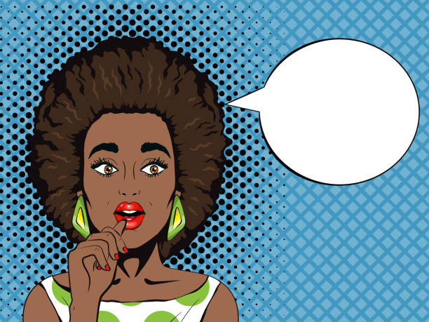 illustrazioni stock, clip art, cartoni animati e icone di tendenza di la pop art ha sorpreso la donna africana con la bocca aperta e la bolla vocale. - britpop