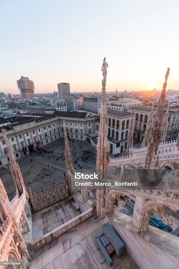 Milan cityscape Milan cityscape at sunset: panoramic view from the Milan cathedral (Duomo) rooftop. Milan Stock Photo