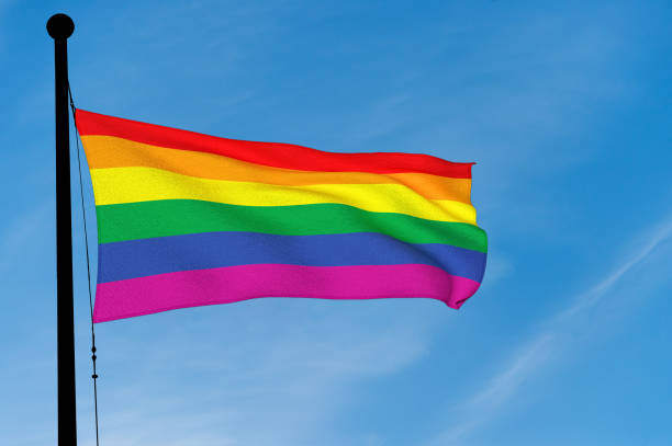 istock Gay Rainbow Flag waving over blue sky (3D rendering) 907057552