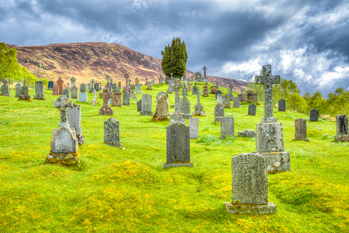 Cille Choirill Church and Graveyard scenic cemetery on the hills of the west Scottish Highlands, in Glen Spean, Lochaber area, United Kingdom.