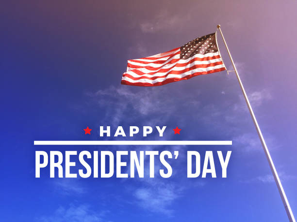 Happy Presidents' Day Text with American Flag Happy Presidents' Day Text with American Flag Blowing in the Wind us president photos stock pictures, royalty-free photos & images
