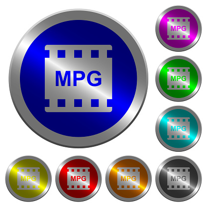 MPG movie format icons on round luminous coin-like color steel buttons