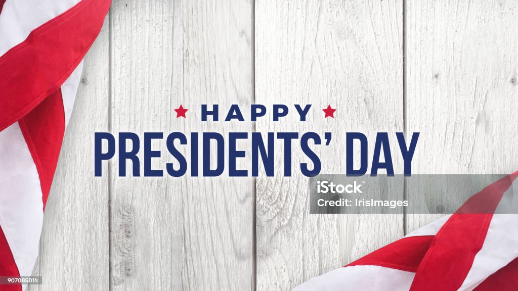 Happy Presidents' Day Typography Over Wood Happy Presidents' Day Typography Over Distressed White Wood Background with American Flag Border Presidents Day Stock Photo