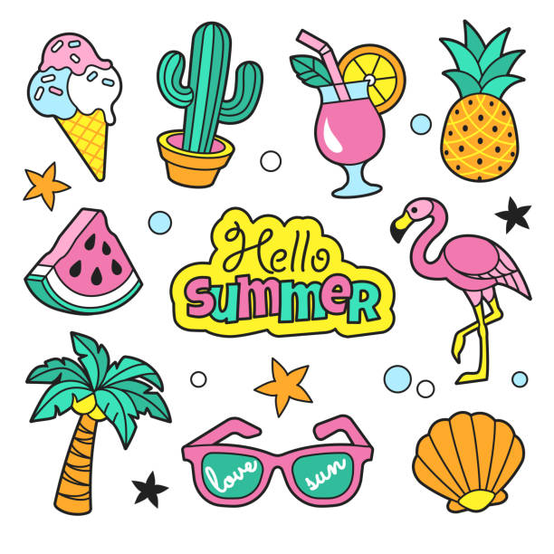 Summer patches collection. Vector illustration of funny summer symbols and icons, such as cactus, flamingo, ice cream, palm, pineapple and sunglasses. Isolated on white. palm tree cartoon stock illustrations