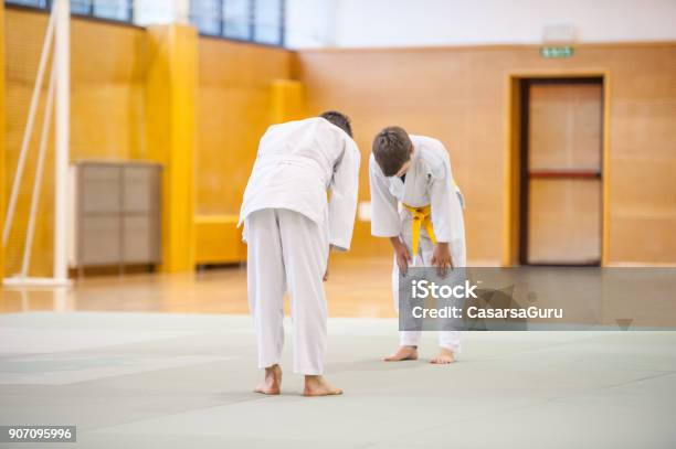 Dos Muchachos Entrenando Judo Lucha Foto de stock y más banco de imágenes de Judo - Judo, Niño, Saludo artístico