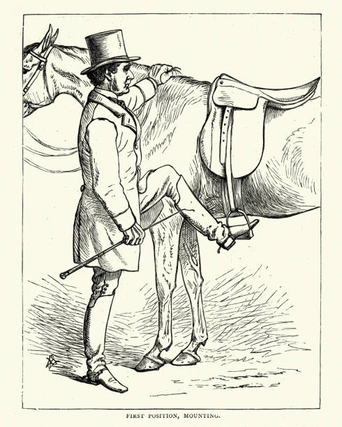 викторианский человек готовится смонтировать лошадь - stirrup stock illustrations