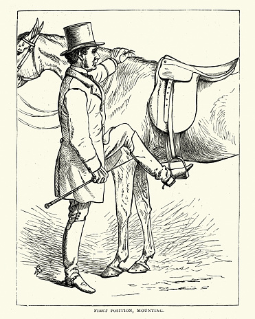 Vintage engraving of a Victorian man preparing to mount a horse, 19th Century