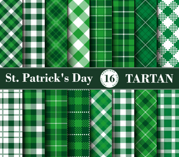 ilustrações de stock, clip art, desenhos animados e ícones de sixteen set of tartan seamless patterns st. patrick's day - irish culture st patricks day backgrounds clover