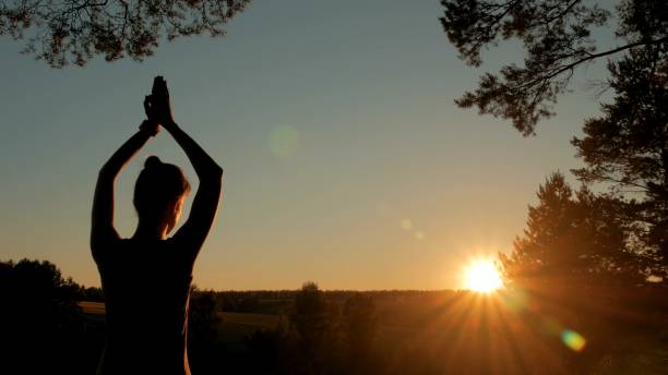 istock Woman practicing yoga in forest at sunset 907100088