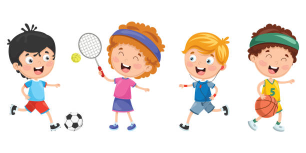 illustrazioni stock, clip art, cartoni animati e icone di tendenza di illustrazione vettoriale di bambini che fanno sport - child tennis white background sport