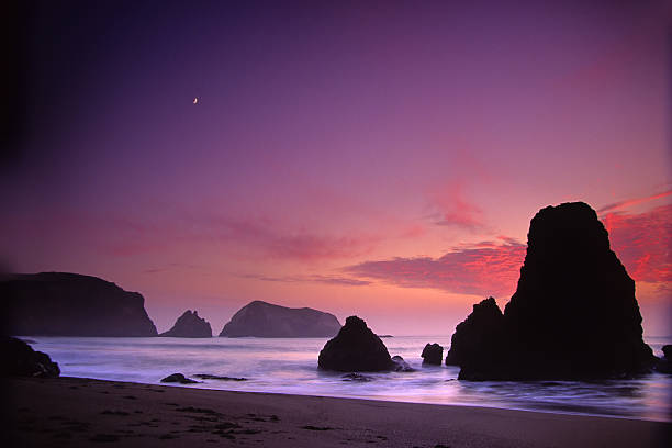 plaża krajobraz zachód słońca formacje skalne sylwetka - marin headlands zdjęcia i obrazy z banku zdjęć