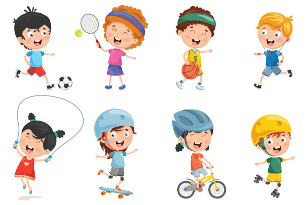illustrations, cliparts, dessins animés et icônes de illustration vectorielle des enfants faire du sport - tennis child sport cartoon