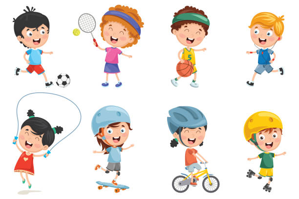 illustrazioni stock, clip art, cartoni animati e icone di tendenza di illustrazione vettoriale di bambini che fanno sport - tennis child sport cartoon