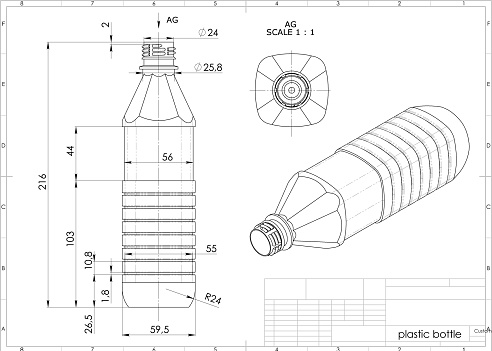 3d rendering of plastic bottle above engineering drawing