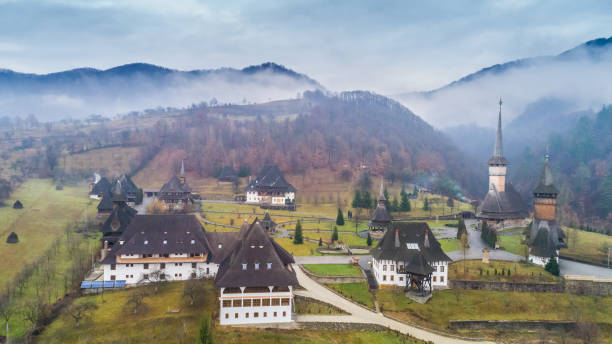 Barsana Monastery in Maramures, Romania. traditional Maramures wooden architecture of Barsana monastery, Romania maramureș stock pictures, royalty-free photos & images