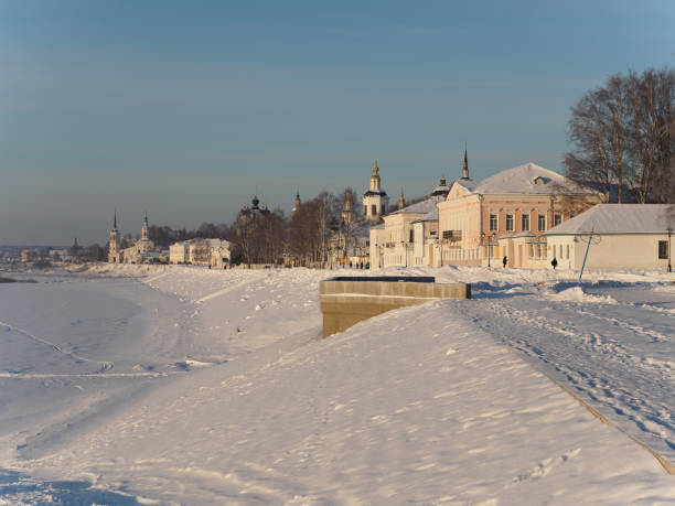 winter view of river embankment in Veliky Ustyug