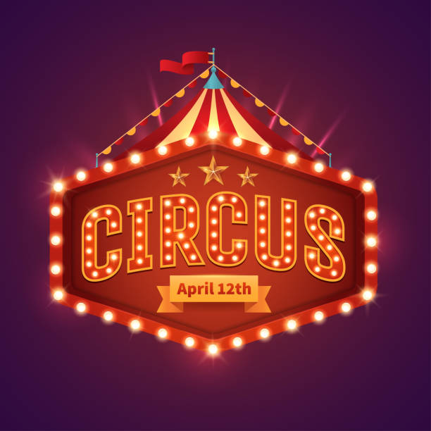 Circus light sign. Vintage circus banner with bright bulbs,dome tent, highlights, gold stars, ribbon and garlands. Fun fair vector poster. Bright retro frame with text. Eps 10. Circus light sign. Vintage circus banner with bright bulbs, tent, highlights, gold stars, ribbon and garlands. Fun fair vector poster. Bright retro frame with text. Eps 10. circus stock illustrations