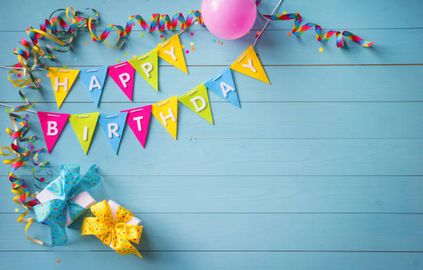 istock Happy birthday party background with text and colorful tools 907182272