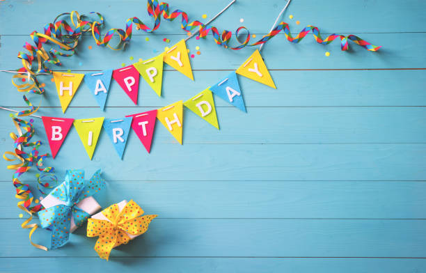istock Happy birthday party background with text and colorful tools 907182276