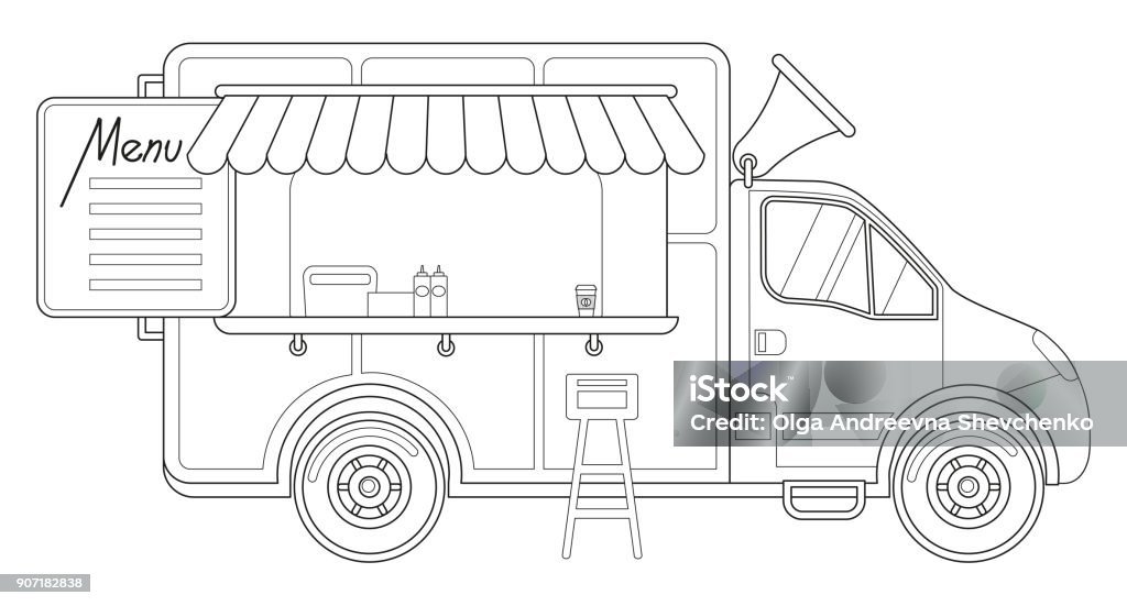 Black and white delivery truck side view menu coffee chair poster. Black and white delivery truck side view menu coffee chair poster. Coloring book page for adults and kids. Line art vector illustration for certificate banner sticker, badge sign, stamp, icon label. Cafe stock vector