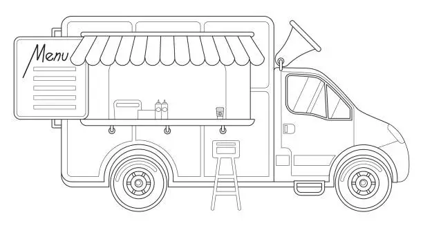 Vector illustration of Black and white delivery truck side view menu coffee chair poster.