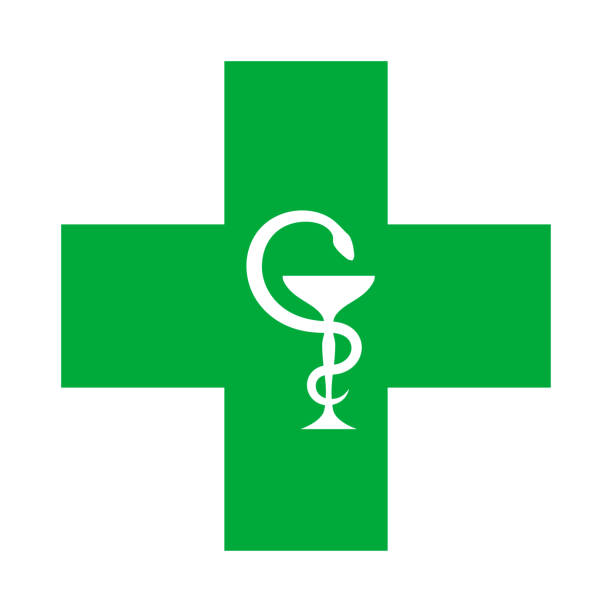 ilustrações, clipart, desenhos animados e ícones de médica cruz (com a tigela de hygeia). brasão de armas moderna de cuidados de saúde, medicina e farmácia. - green cross