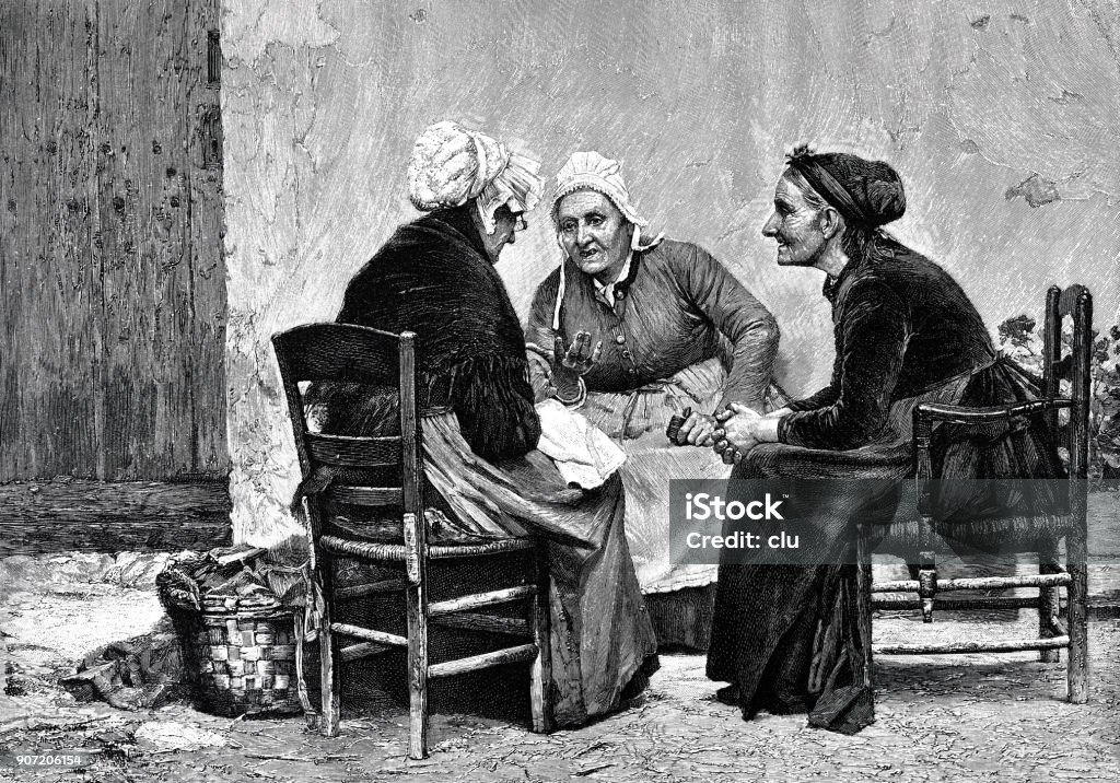 Three senior women sitting together talking gossip Illustration from 19th century Senior Adult stock illustration