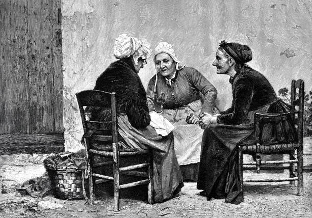 Three senior women sitting together talking gossip Illustration from 19th century old ladies gossiping stock illustrations