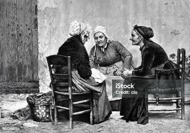 Three Senior Women Sitting Together Talking Gossip Stock Illustration - Download Image Now - Senior Adult, Three People, Women