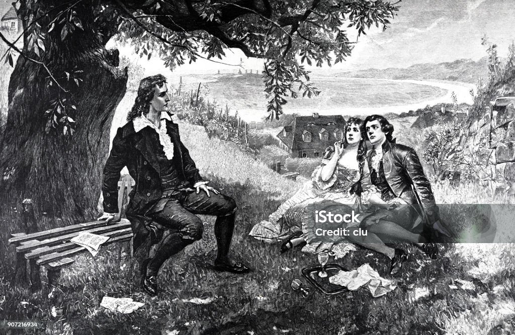 Friedrich Schiller sitting on a bench under a tree in Loschwitz, a couple listening to him Illustration from 19th century Below stock illustration