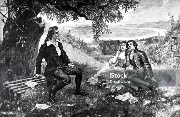 Friedrich Schiller Sitting On A Bench Under A Tree In Loschwitz A Couple Listening To Him Stock Illustration - Download Image Now