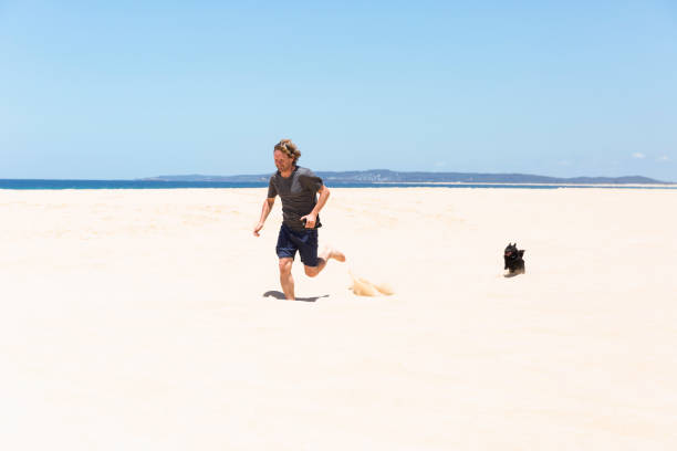 istock Man and his dog running on the beach, copy space 907226302