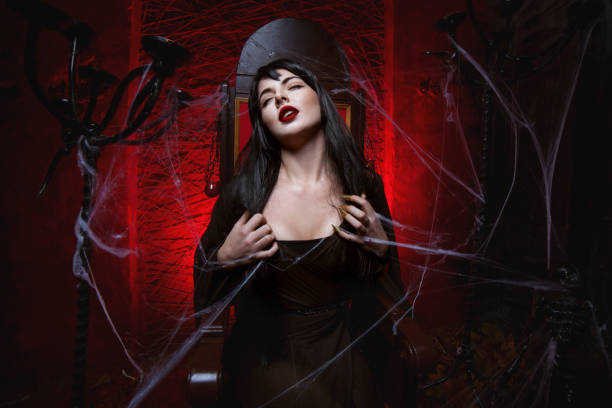 Woman-sorceress sits on the throne in the red room