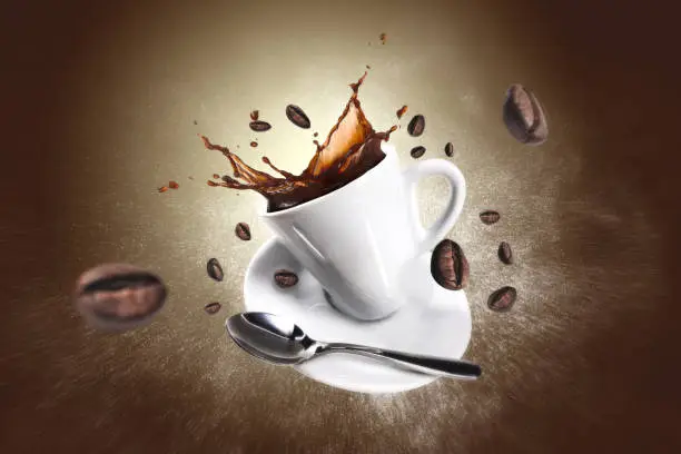 Photo of Explosion of coffee with a cup and beans