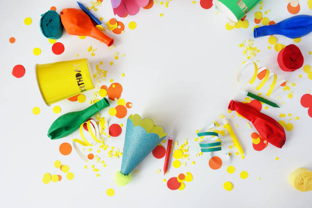 istock Festive bright decor for birthday on a white background. Top view. Celebration concept. 907268168