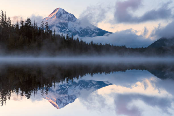 гора худ отражает дурринг восхода солнца - cascade range стоковые фото и изображения