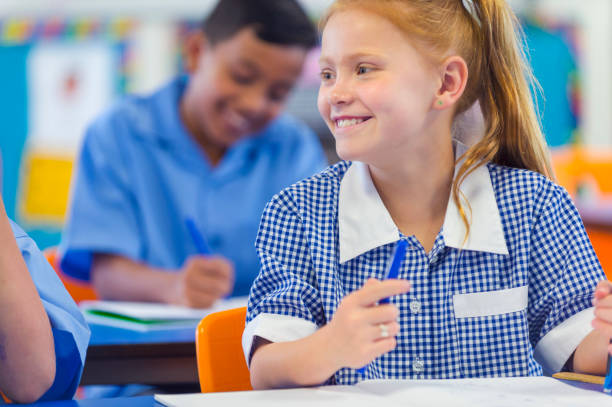 istock Young schoolgirl smiling in class. 907283218