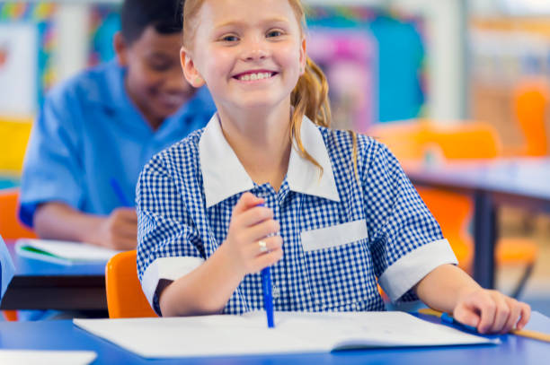 istock Young schoolgirl smiling in class. 907283220
