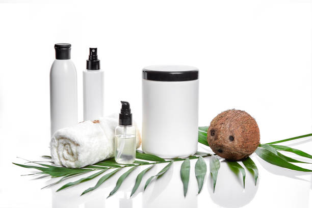 istock Organic cosmetics with coconut on white background 907290836