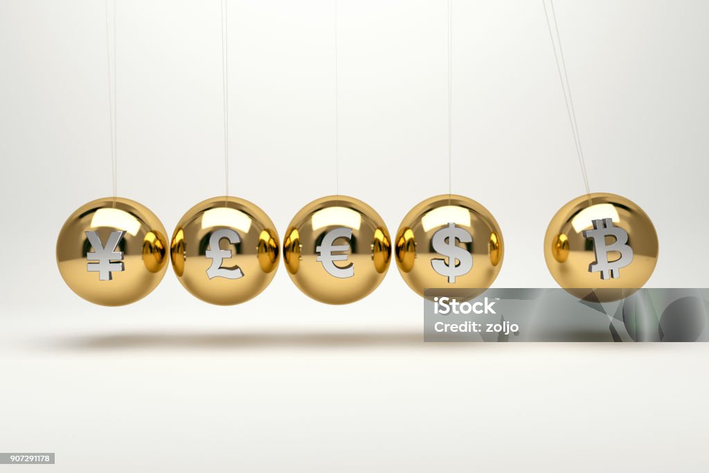 Currency Cradle Bitcoin, dollar,euro,pound and yen currency forming Newton's cradle. Financial concept Cryptocurrency Stock Photo
