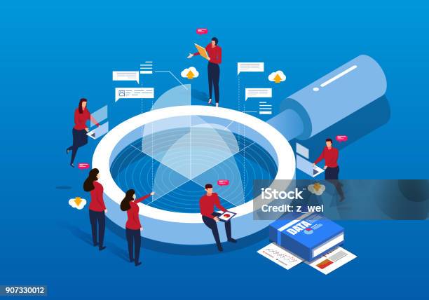 Isometric Magnifying Glass And Data Analysis Stock Illustration - Download Image Now - Research, Surveillance, Isometric Projection