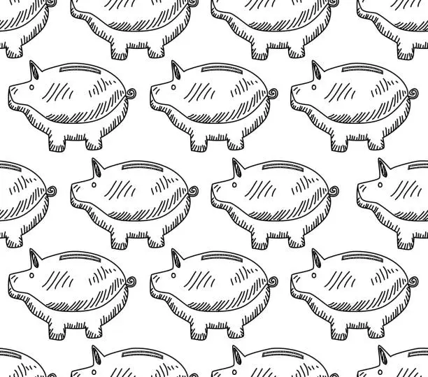 Vector illustration of Piggy Bank Hand Drawn Seamless Pattern