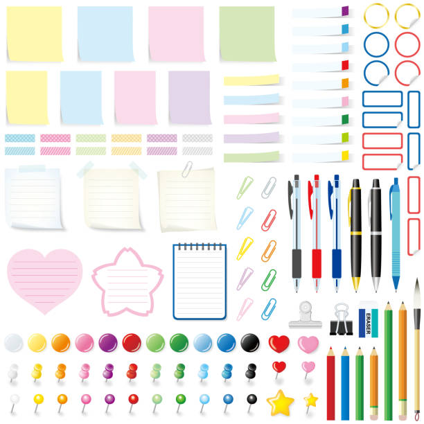 ilustraciones, imágenes clip art, dibujos animados e iconos de stock de herramientas de oficina, aisladas sobre fondo blanco. - pencil colors heart shape paper