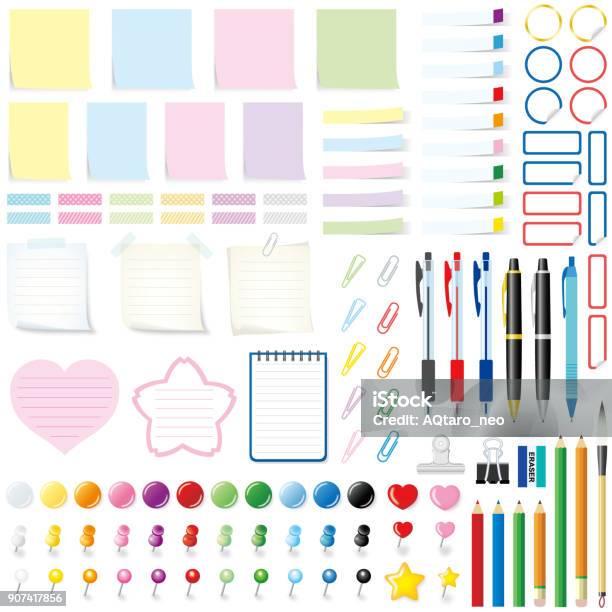 Office Tools Isolated On White Background Stock Illustration - Download Image Now - Adhesive Note, Note Pad, Thumbtack