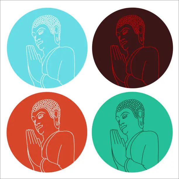 Vector illustration of Silhouette of pray Buddha in circle in different colors. Vector illustration